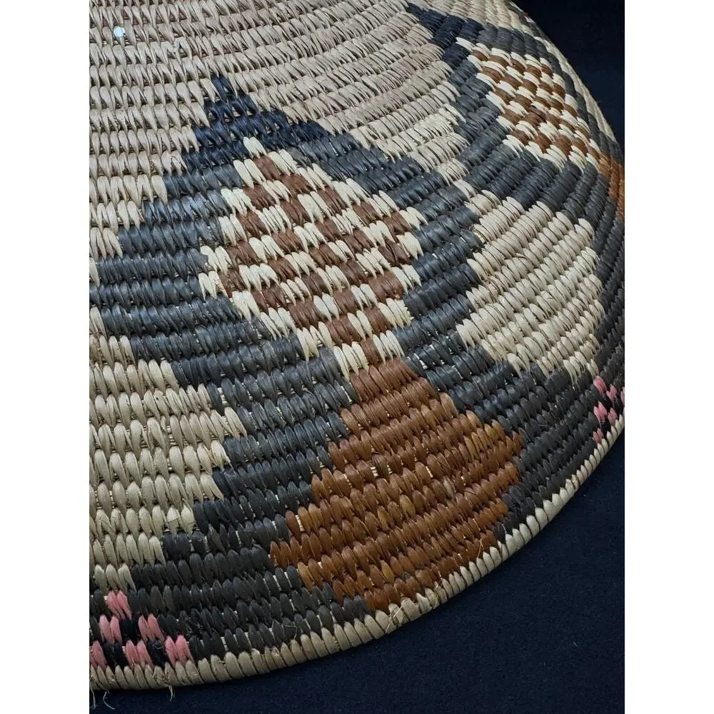 Vintage African Tribal Geometric Coiled Bowl Basket 14” Brown Tan Pink
